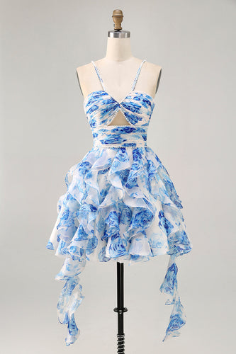 White and Blue Ruched Floral Ruffled Short Homecoming Dress with Pearls