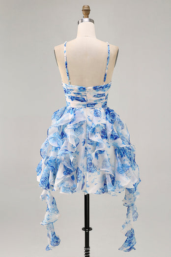 White and Fuchsia Floral Ruched Ruffled Short Homecoming Dress with Pearls