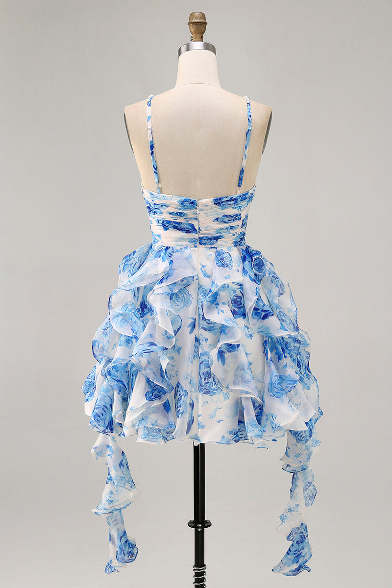 Load image into Gallery viewer, White and Fuchsia Floral Ruched Ruffled Short Homecoming Dress with Pearls