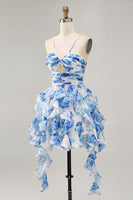 Load image into Gallery viewer, White and Blue Ruched Floral Ruffled Short Homecoming Dress with Pearls