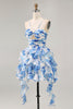 Load image into Gallery viewer, White and Fuchsia Floral Ruched Ruffled Short Homecoming Dress with Pearls