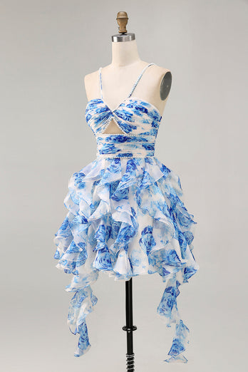 White and Fuchsia Floral Ruched Ruffled Short Homecoming Dress with Pearls