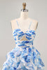 Load image into Gallery viewer, White and Fuchsia Floral Ruched Ruffled Short Homecoming Dress with Pearls