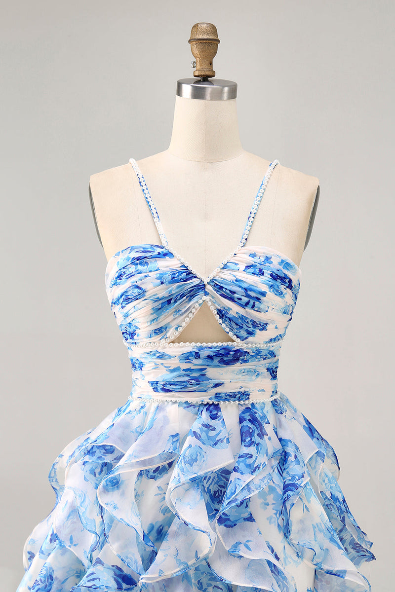 Load image into Gallery viewer, White and Fuchsia Floral Ruched Ruffled Short Homecoming Dress with Pearls