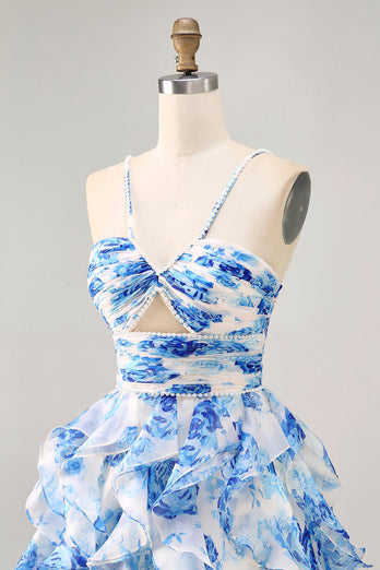 White and Blue Ruched Floral Ruffled Short Homecoming Dress with Pearls