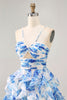 Load image into Gallery viewer, White and Fuchsia Floral Ruched Ruffled Short Homecoming Dress with Pearls