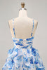 Load image into Gallery viewer, White and Fuchsia Floral Ruched Ruffled Short Homecoming Dress with Pearls