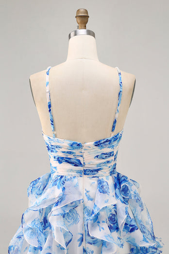 White and Fuchsia Floral Ruched Ruffled Short Homecoming Dress with Pearls