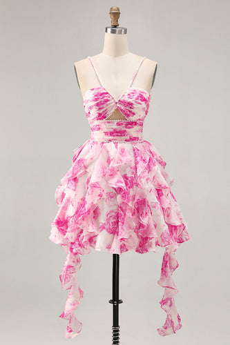 White and Fuchsia Floral Ruched Ruffled Short Homecoming Dress with Pearls