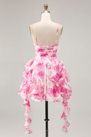 Load image into Gallery viewer, White and Fuchsia Floral Ruched Ruffled Short Homecoming Dress with Pearls