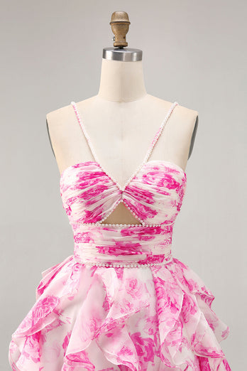 White and Fuchsia Floral Ruched Ruffled Short Homecoming Dress with Pearls
