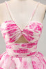 Load image into Gallery viewer, White and Fuchsia Floral Ruched Ruffled Short Homecoming Dress with Pearls