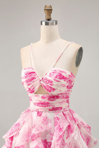White and Fuchsia Floral Ruched Ruffled Short Homecoming Dress with Pearls