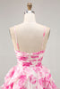 Load image into Gallery viewer, White and Fuchsia Floral Ruched Ruffled Short Homecoming Dress with Pearls