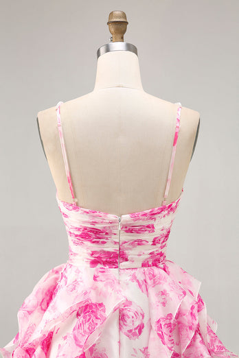 White and Fuchsia Floral Ruched Ruffled Short Homecoming Dress with Pearls