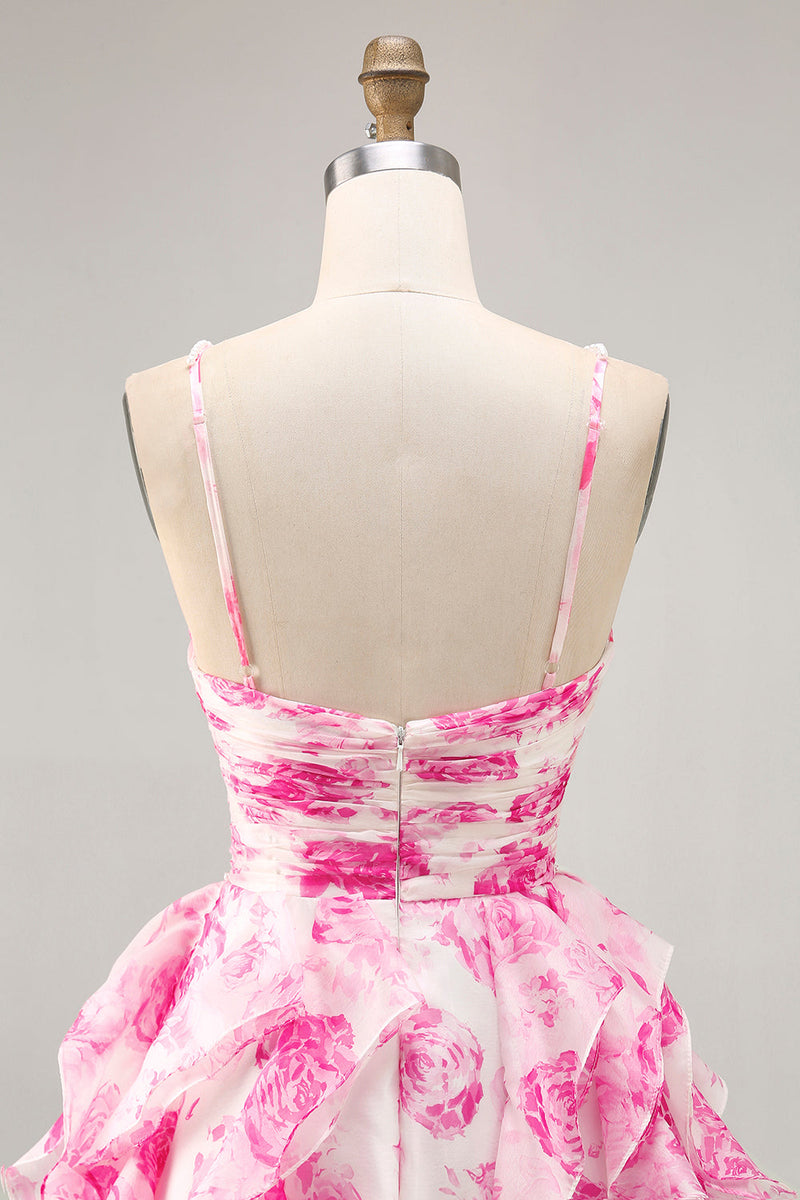 Load image into Gallery viewer, White and Fuchsia Floral Ruched Ruffled Short Homecoming Dress with Pearls