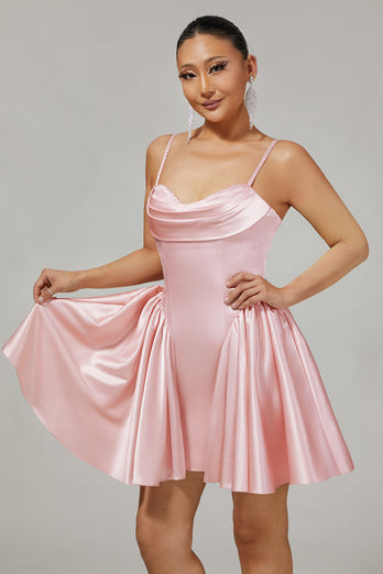 Sparkly Blush  A Line Satin Short Homecoming Dress with Beading