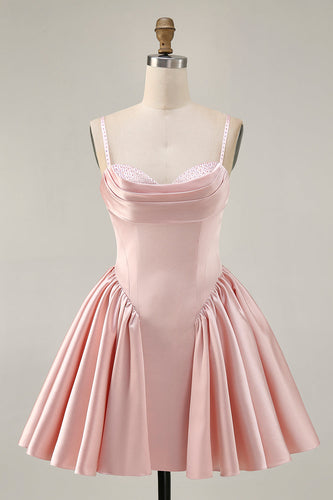 Sparkly Blush  A Line Satin Short Homecoming Dress with Beading