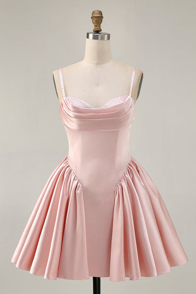Sparkly Blush  A Line Satin Short Homecoming Dress with Beading