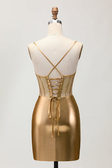 Sparkly Golden Metallic Ruched Tight Short Corset Homecoming Dress