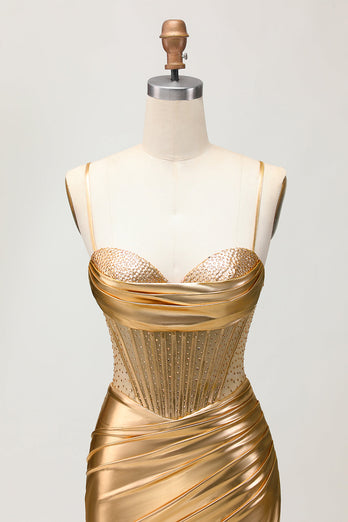 Sparkly Golden Metallic Ruched Tight Short Corset Homecoming Dress