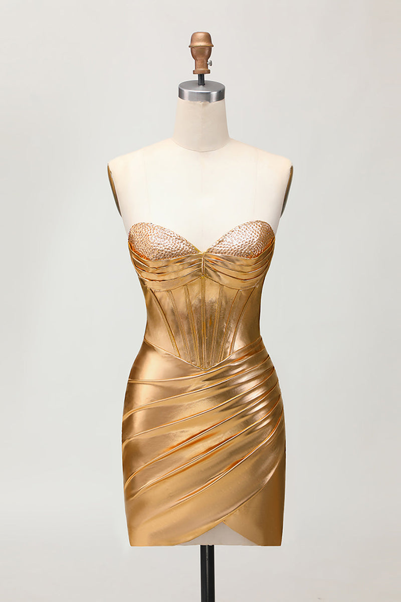 Load image into Gallery viewer, Metallic Golden Sparkly Tight Short Corset Homecoming Dress