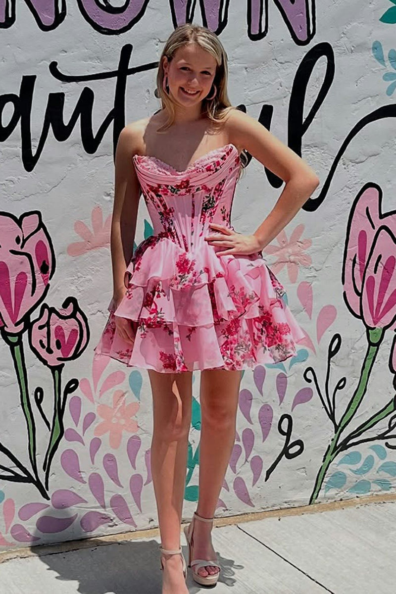 Load image into Gallery viewer, Floral A Line Tiered Sweetheart Short Corset Homecoming Dress