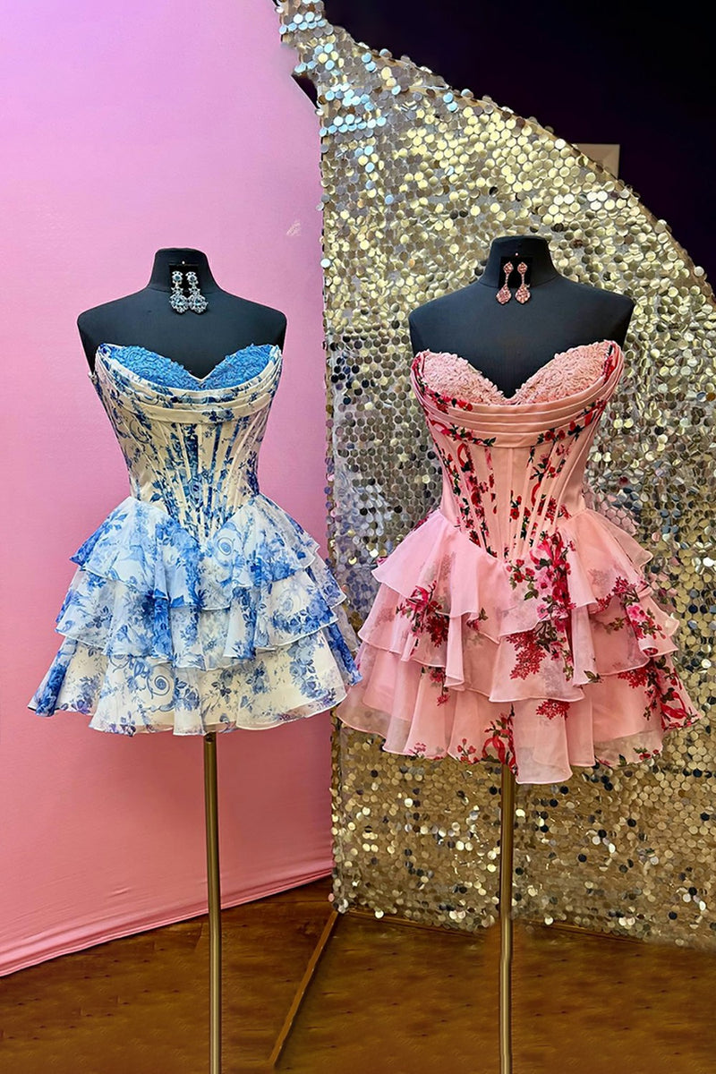 Load image into Gallery viewer, Floral A Line Tiered Sweetheart Short Corset Homecoming Dress