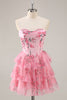 Load image into Gallery viewer, White and Blue Floral Sweetheart Corset Short Ruffles Homecoming Dress