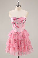 Load image into Gallery viewer, Pink Floral Sweetheart Short Corset Tiered Homecoming Dress with Ruffles