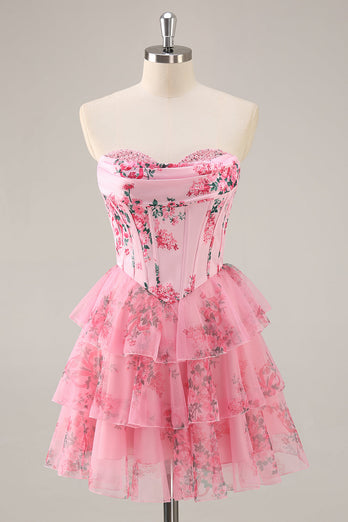 Pink Floral Sweetheart Short Corset Tiered Homecoming Dress with Ruffles