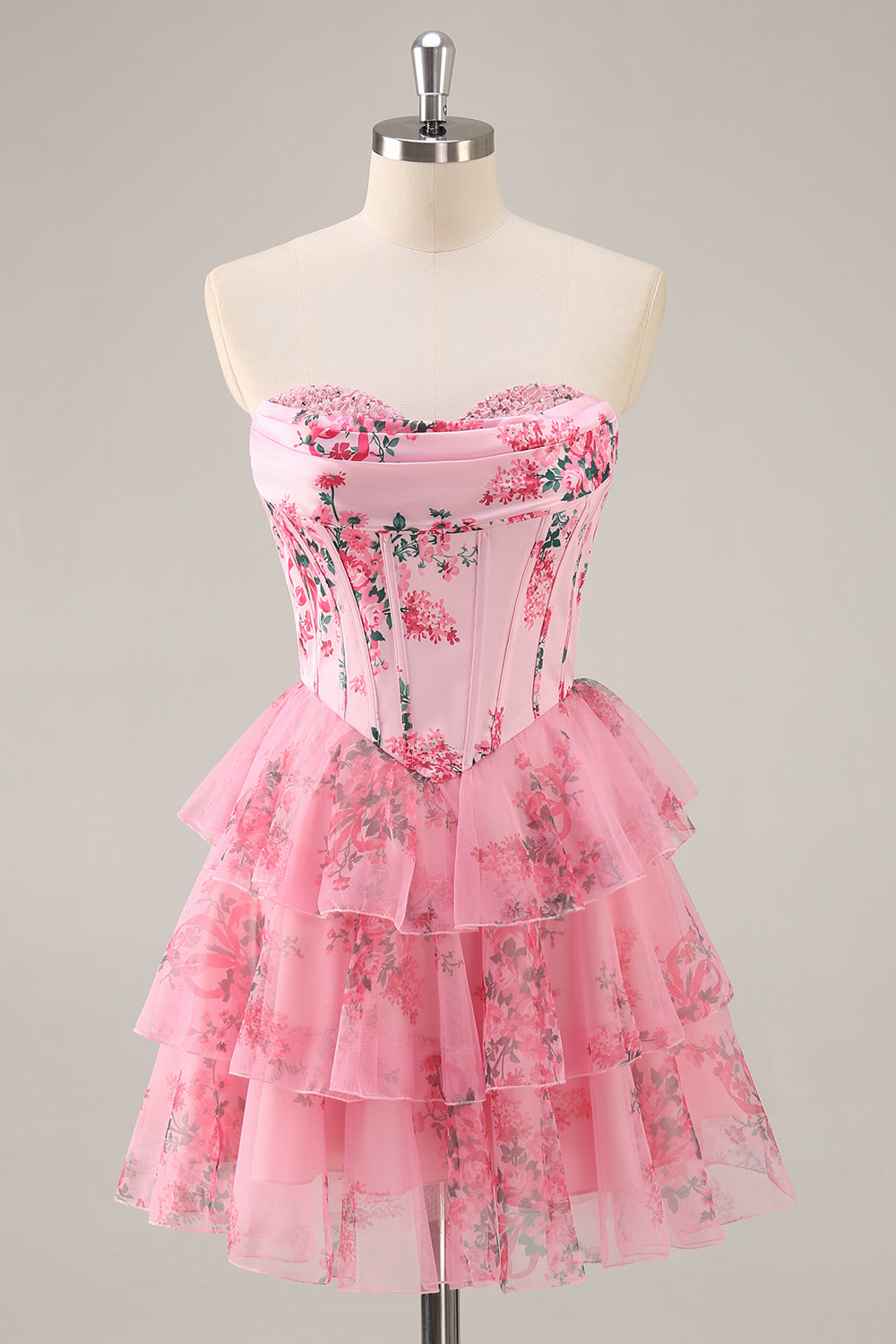 Pink Floral Sweetheart Short Corset Tiered Homecoming Dress with Ruffles