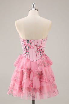 Pink Floral Sweetheart Short Corset Tiered Homecoming Dress with Ruffles