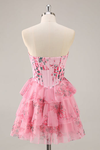 Pink Floral Sweetheart Short Corset Tiered Homecoming Dress with Ruffles