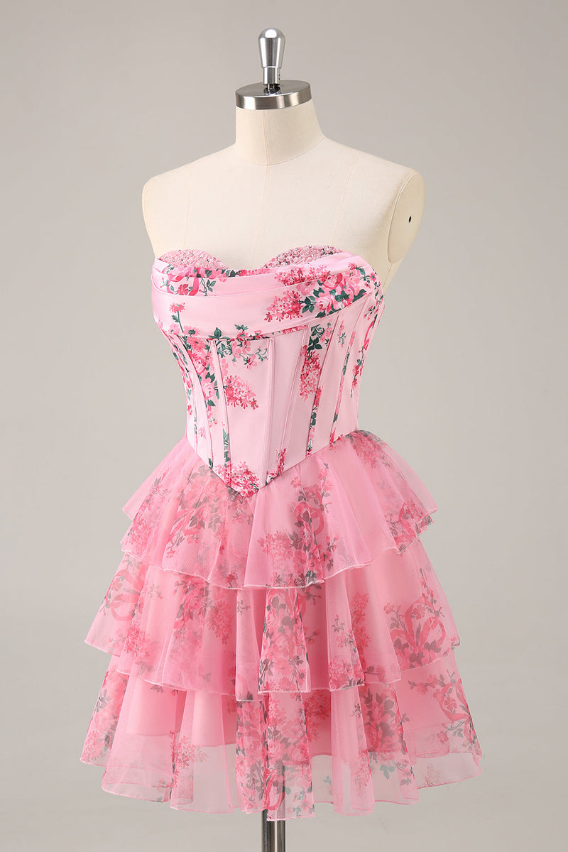 Load image into Gallery viewer, Pink Floral Sweetheart Short Corset Tiered Homecoming Dress with Ruffles