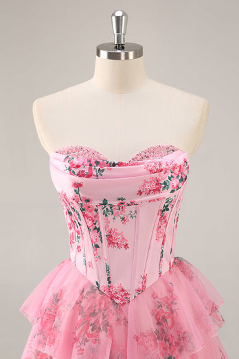 Pink Floral Sweetheart Short Corset Tiered Homecoming Dress with Ruffles