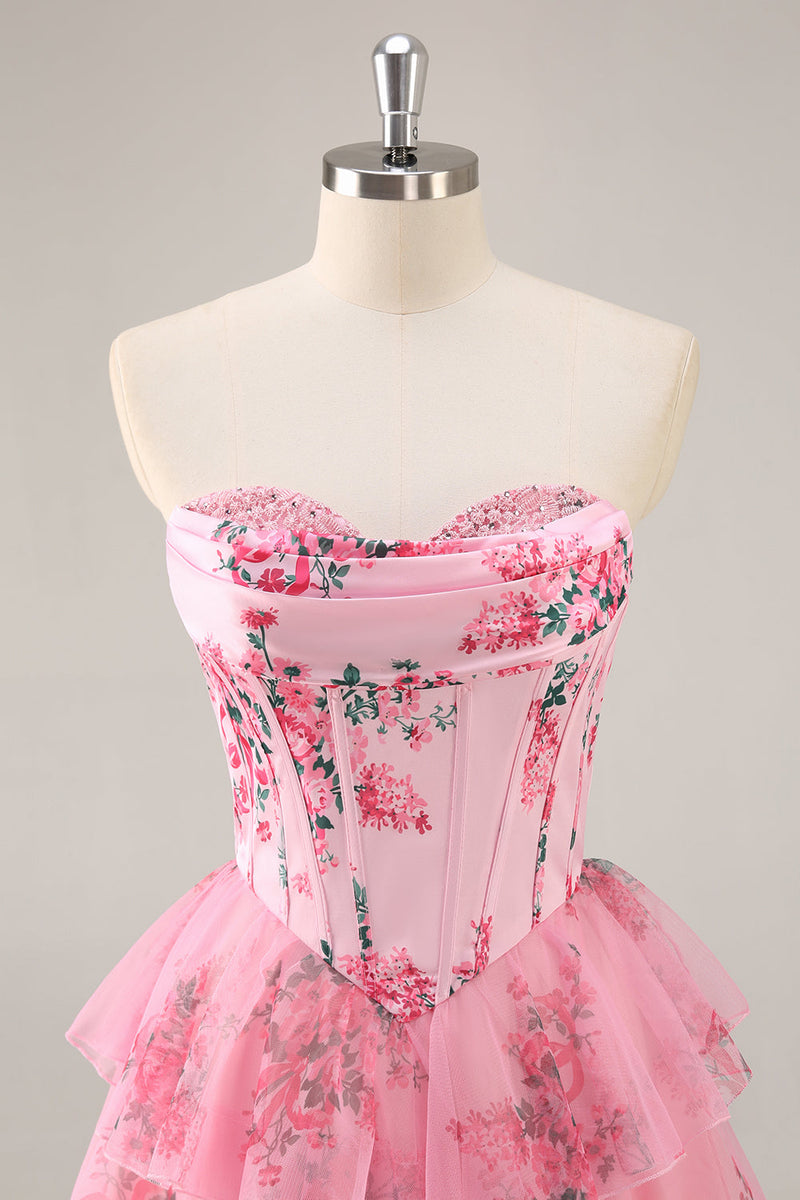 Load image into Gallery viewer, Pink Floral Sweetheart Short Corset Tiered Homecoming Dress with Ruffles