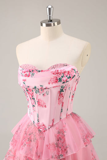 Pink Floral Sweetheart Short Corset Tiered Homecoming Dress with Ruffles