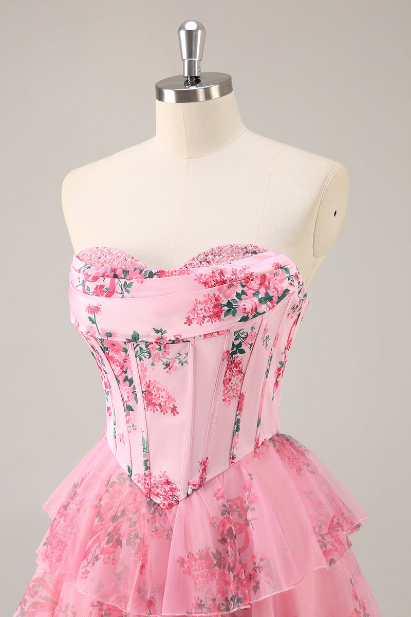 Load image into Gallery viewer, Pink Floral Sweetheart Short Corset Tiered Homecoming Dress with Ruffles