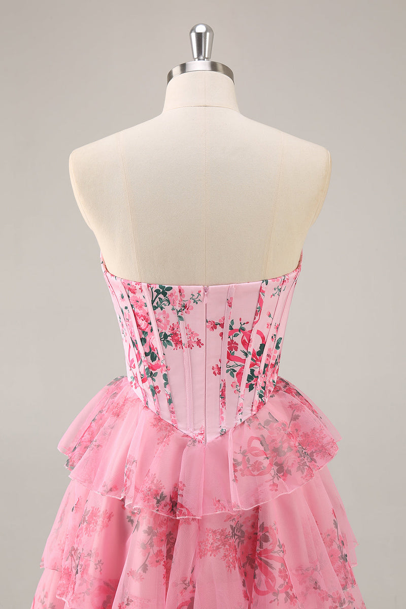 Load image into Gallery viewer, White and Blue Floral Sweetheart Corset Short Ruffles Homecoming Dress