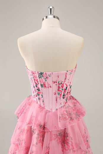 Pink Floral Sweetheart Short Corset Tiered Homecoming Dress with Ruffles