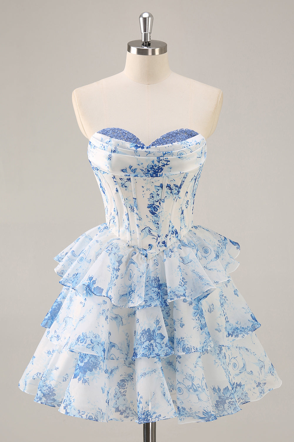 White and Blue Floral Sweetheart Corset Short Ruffles Homecoming Dress
