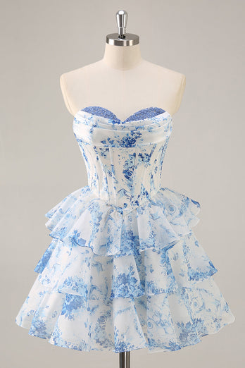 Pink Floral Sweetheart Short Corset Tiered Homecoming Dress with Ruffles