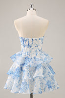 Load image into Gallery viewer, White and Blue Floral Sweetheart Corset Short Ruffles Homecoming Dress