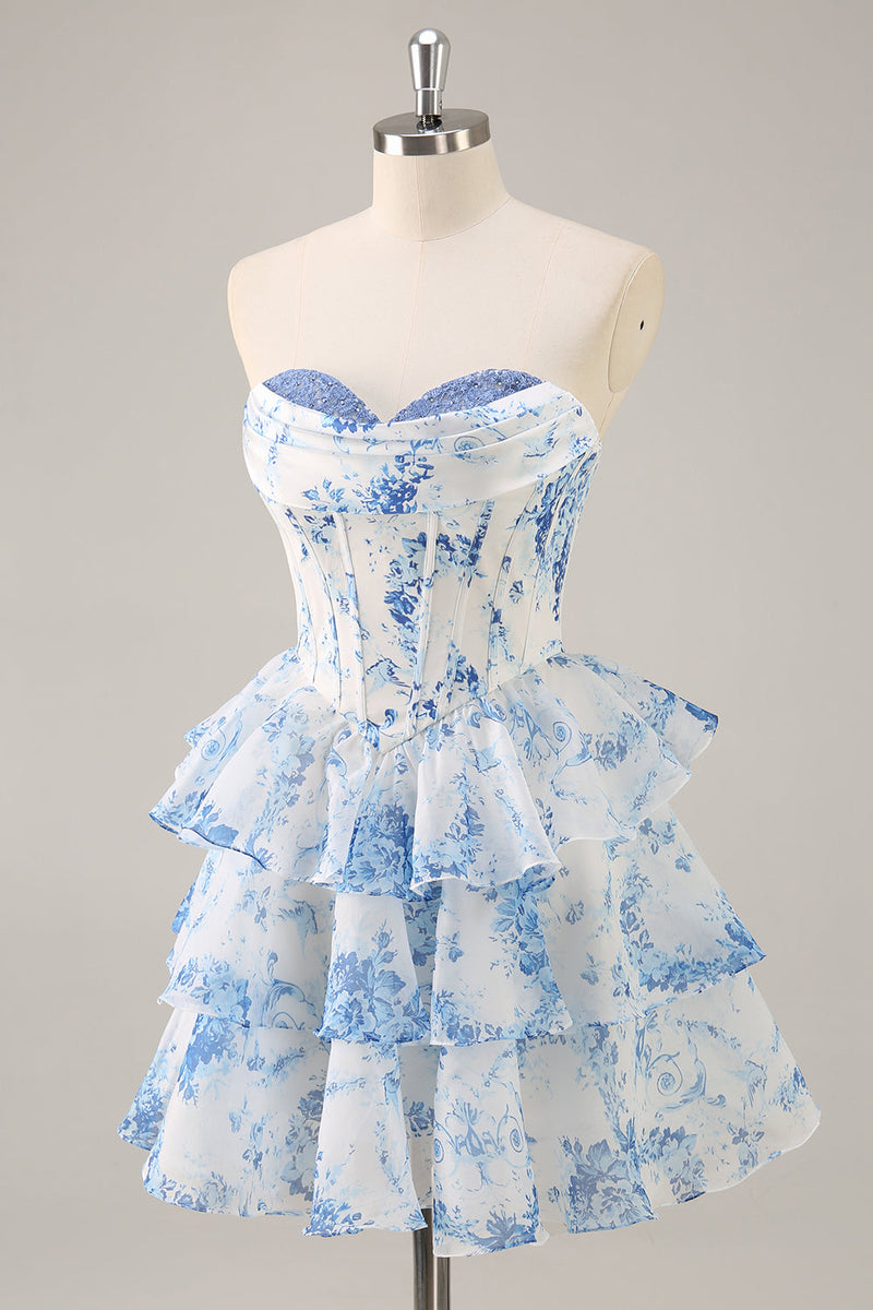 Load image into Gallery viewer, Pink Floral Sweetheart Short Corset Tiered Homecoming Dress with Ruffles