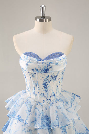 White and Blue Floral Sweetheart Corset Short Ruffles Homecoming Dress