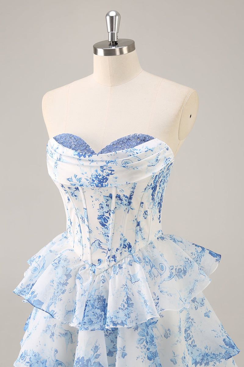 Load image into Gallery viewer, White and Blue Floral Sweetheart Corset Short Ruffles Homecoming Dress