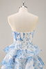 Load image into Gallery viewer, White and Blue Floral Sweetheart Corset Short Ruffles Homecoming Dress