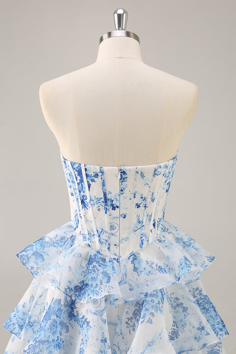 Load image into Gallery viewer, White and Blue Floral Sweetheart Corset Short Ruffles Homecoming Dress