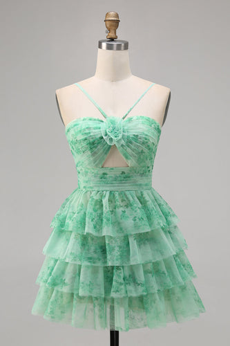 A Line Green Short Spaghetti Straps Tiered Homecoming Dress with Ruffles